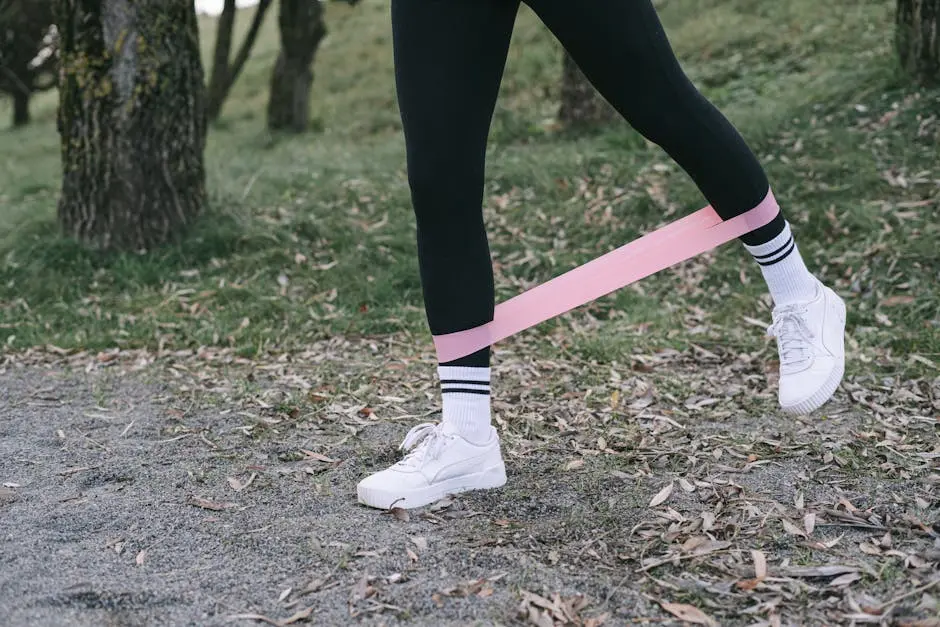 A Person in Black Leggings Working Out with a Pink Resistance Band