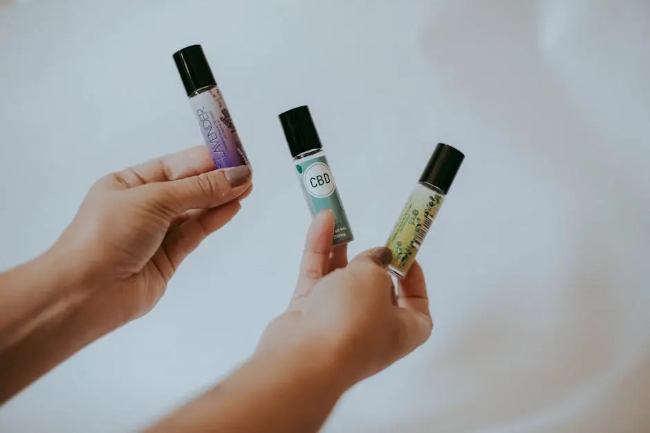 Close-up of hands holding CBD and essential oil bottles, featuring lavender, showcasing natural wellness products.