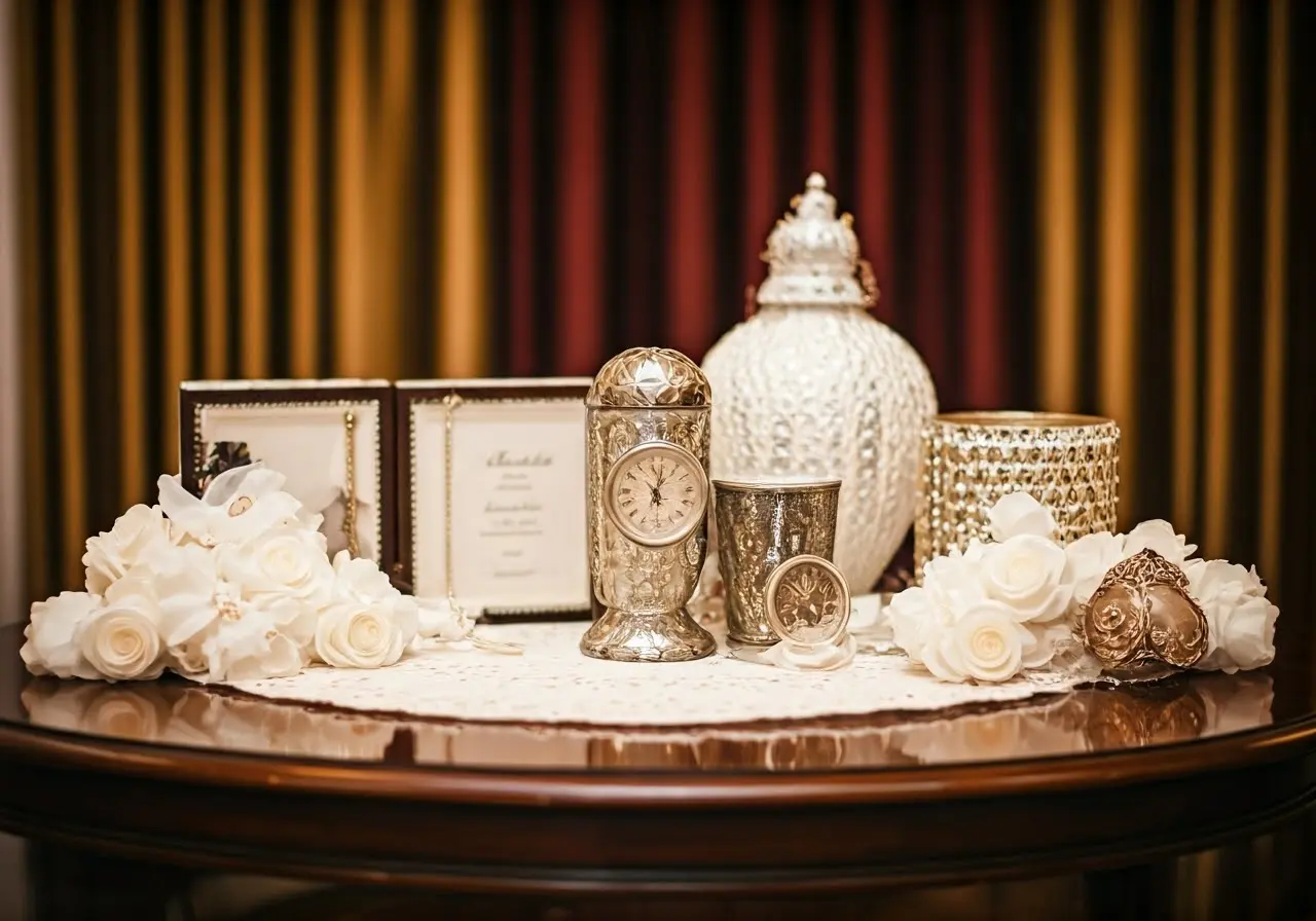 Elegant assortment of wedding party gift items on a table. 35mm stock photo