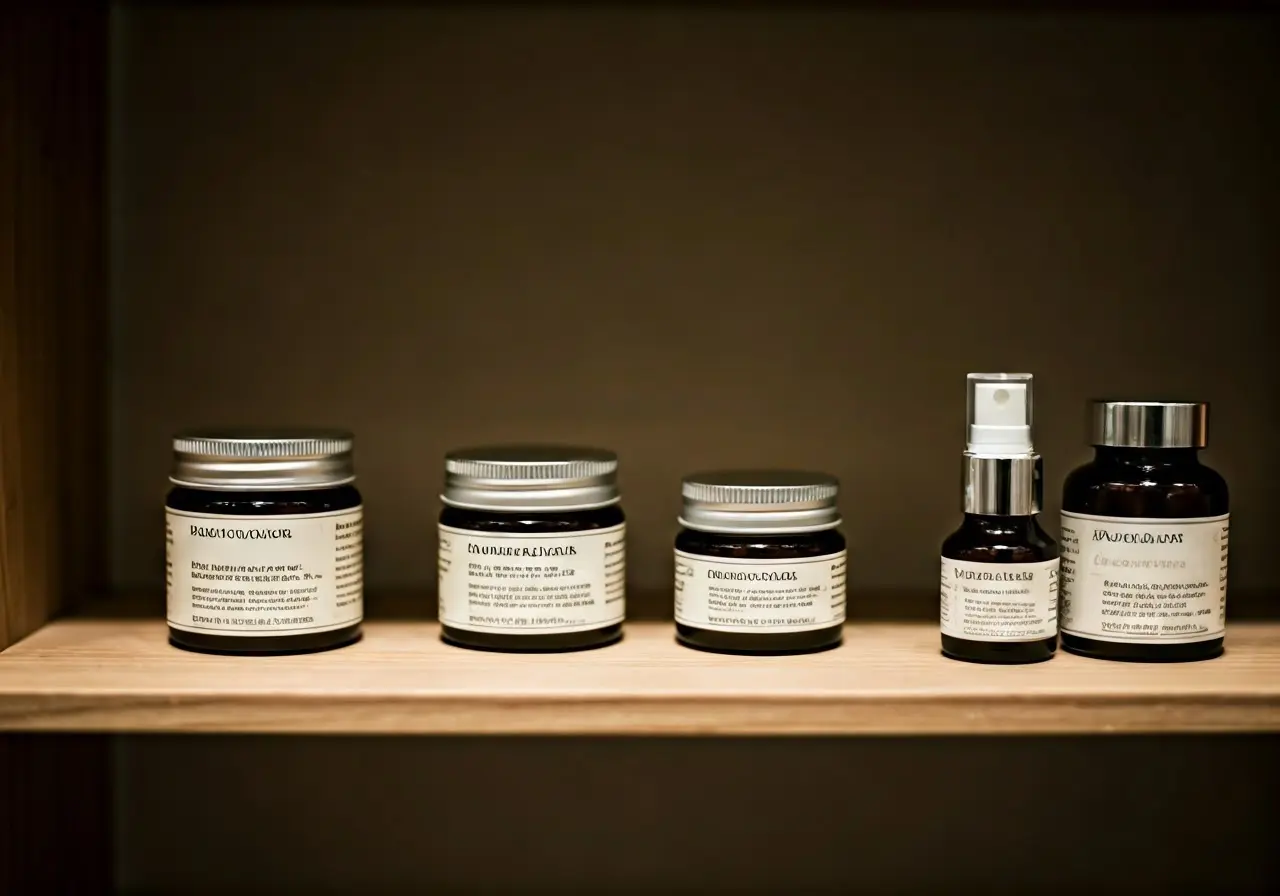 A close-up of natural skincare product containers on a shelf. 35mm stock photo