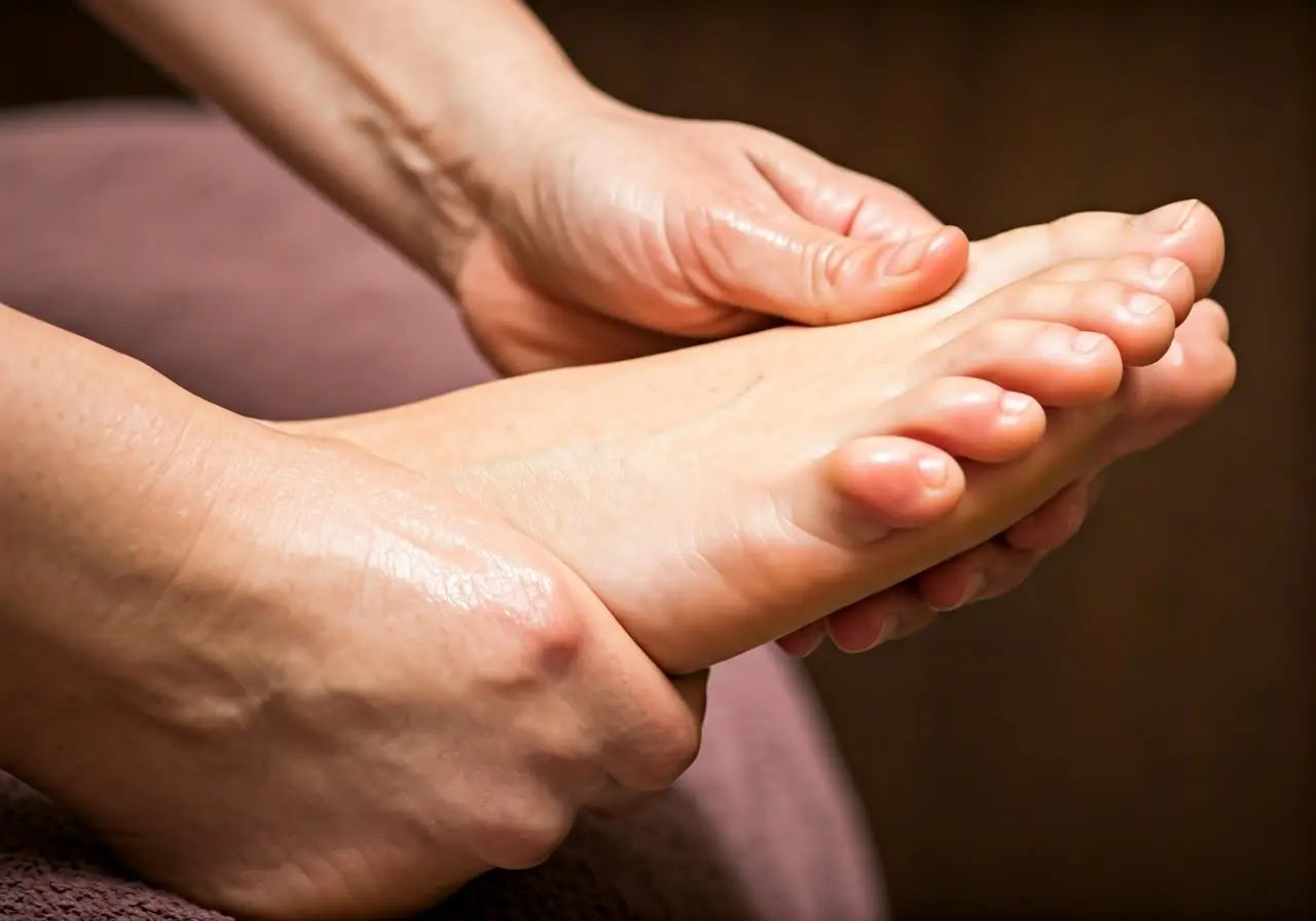 A close-up of a foot being gently massaged. 35mm stock photo