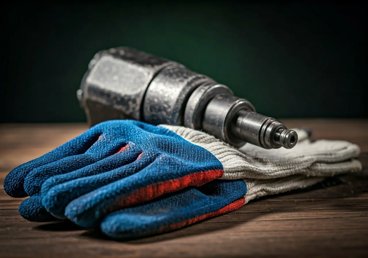 Pneumatic tool with safety gloves and protective goggles close-up. 35mm stock photo