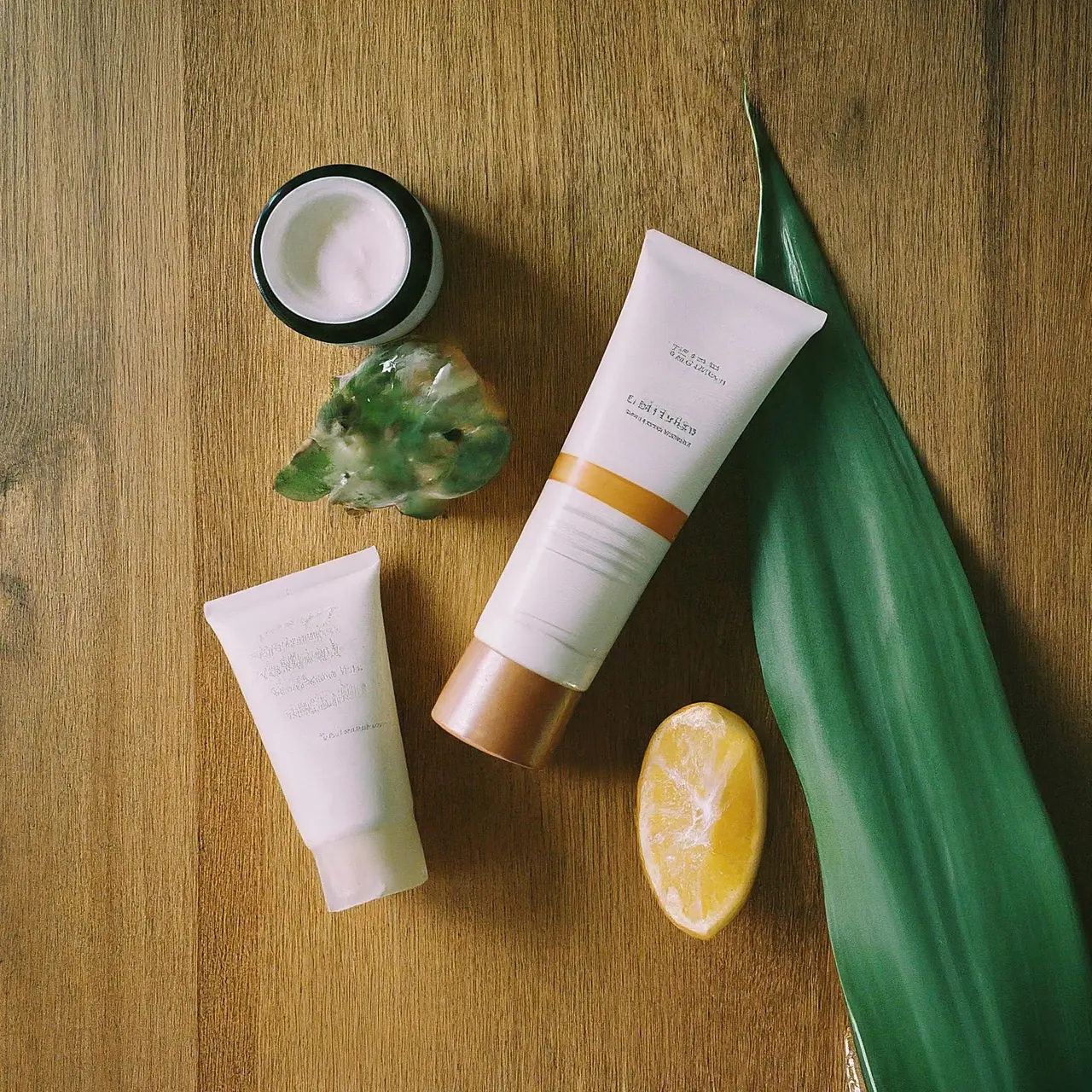 A collection of natural skincare products on a wooden table. 35mm stock photo