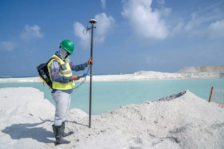 Surveyor in protective gear conducting measurements by a remote beach with GPS equipment.