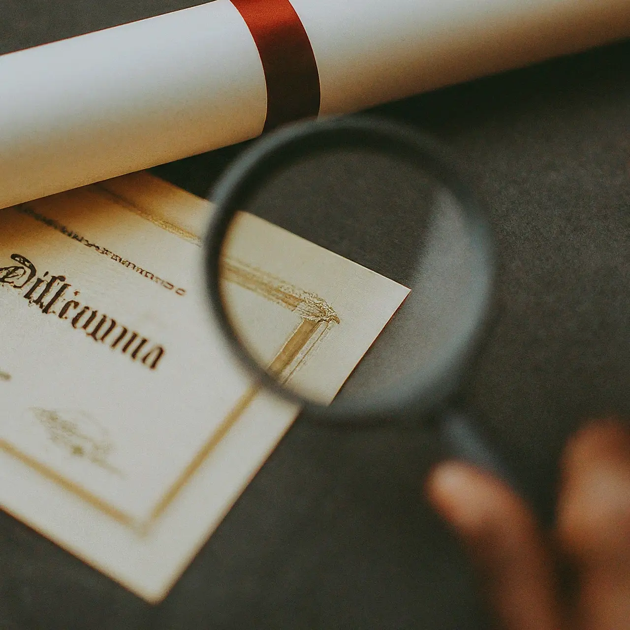 A close-up of a university diploma with a magnifying glass. 35mm stock photo