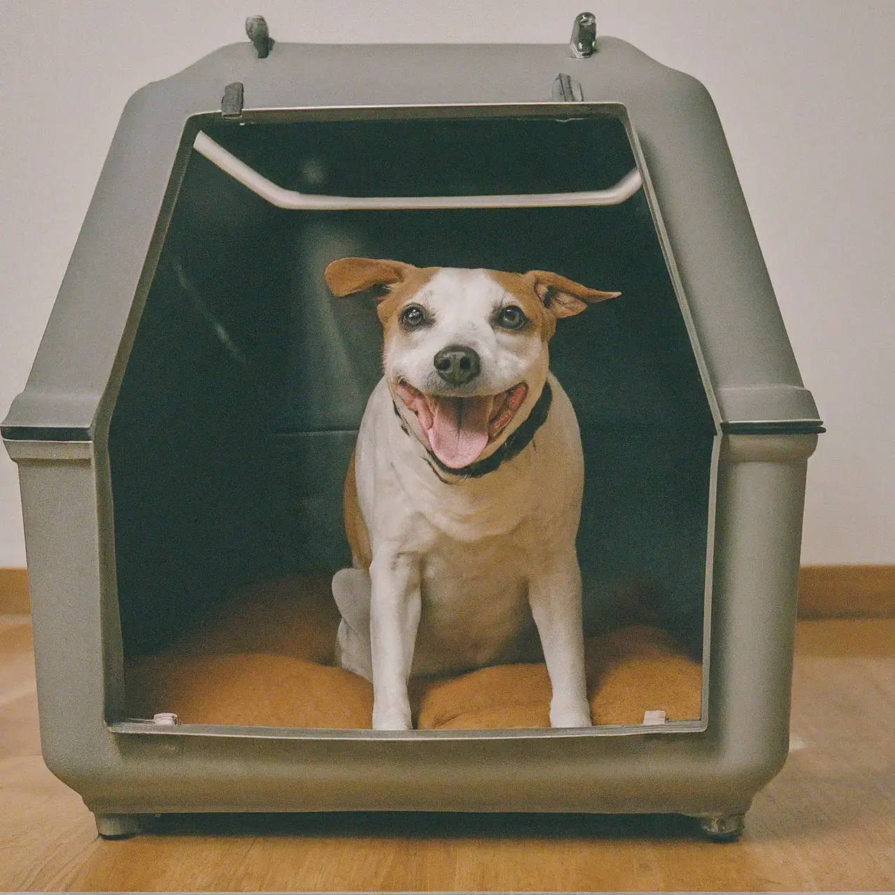 A cheerful dog sitting inside a spacious Vari Kennel. 35mm stock photo