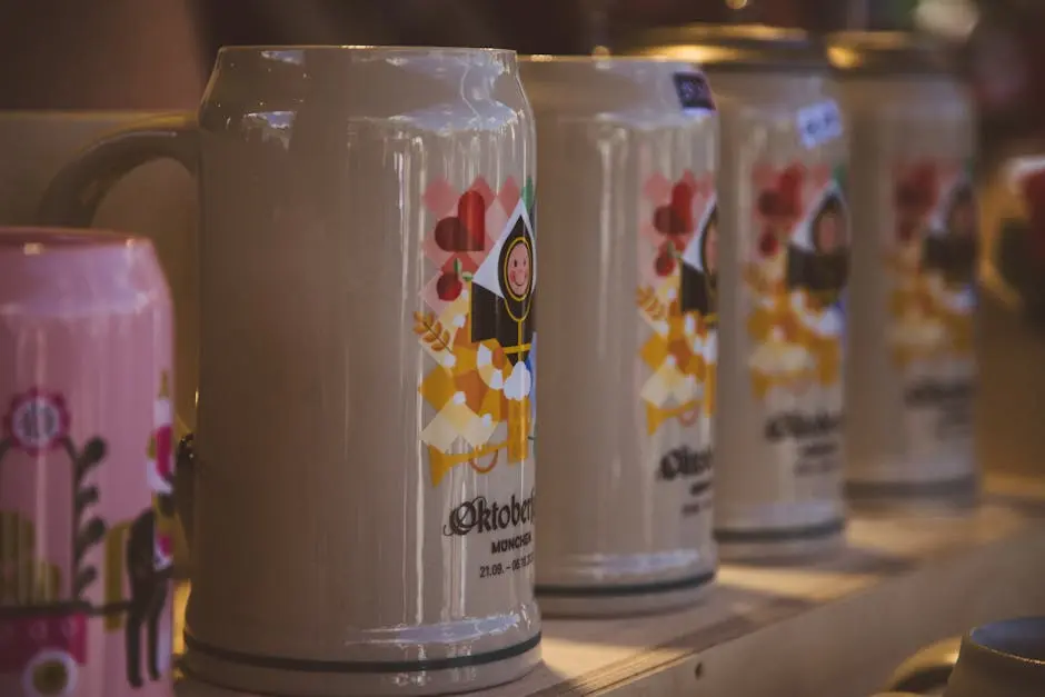 Close-up of colorful beer steins at Oktoberfest in Munich, Bavaria, highlighting festive designs.