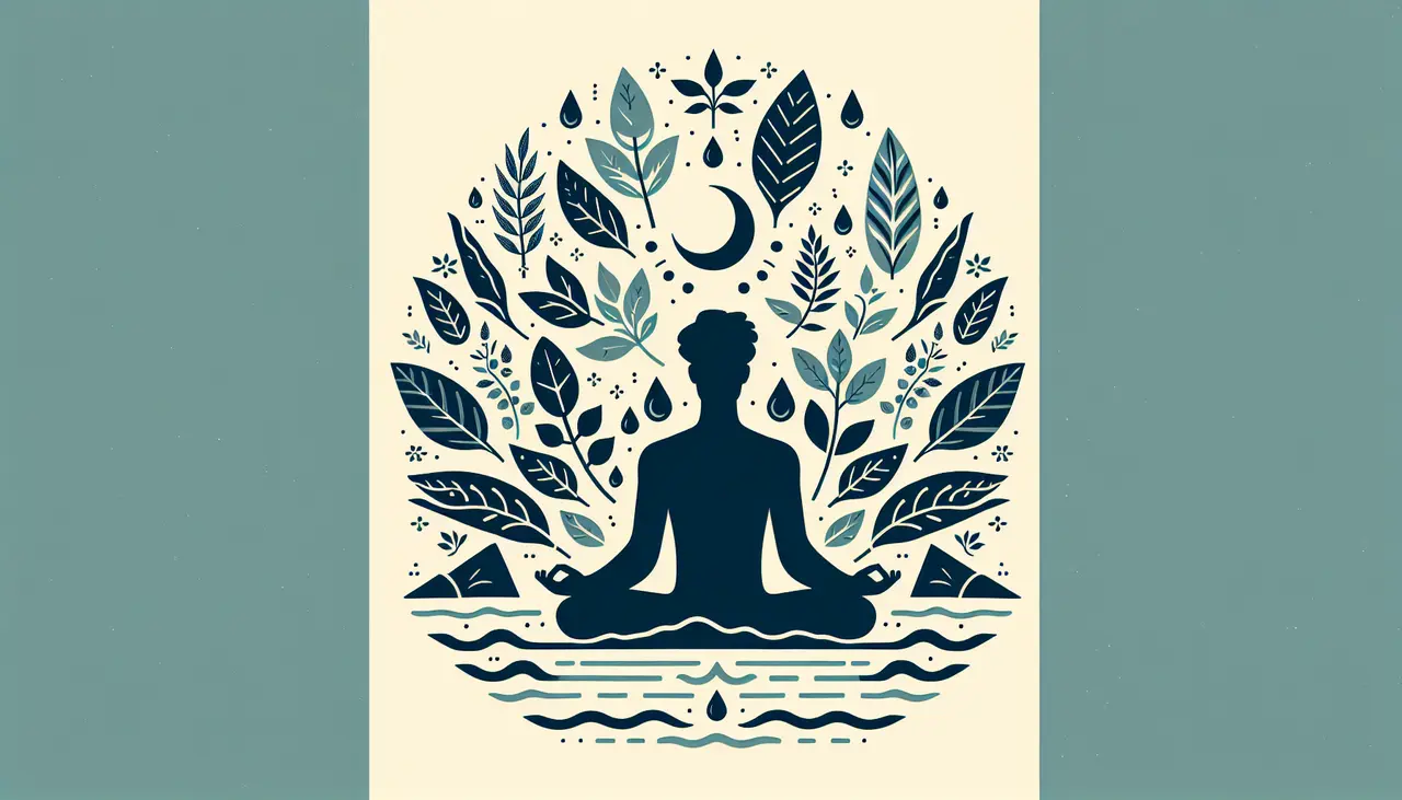 Draw a graphic in flat design style. Illustrate a serene human silhouette meditating with herbal leaves and water elements around, symbolizing natural health.
