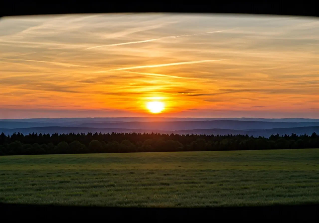 A serene sunset over a tranquil, scenic landscape. 35mm stock photo