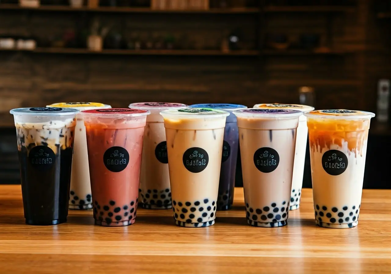 A variety of colorful boba milk teas on a wooden counter. 35mm stock photo