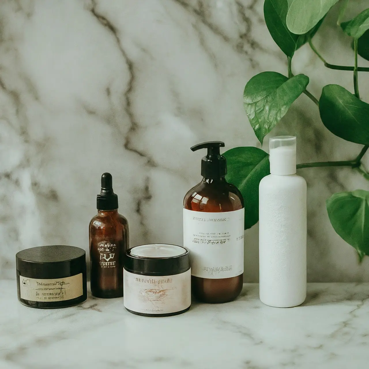 Various organic skincare products on a marble surface. 35mm stock photo