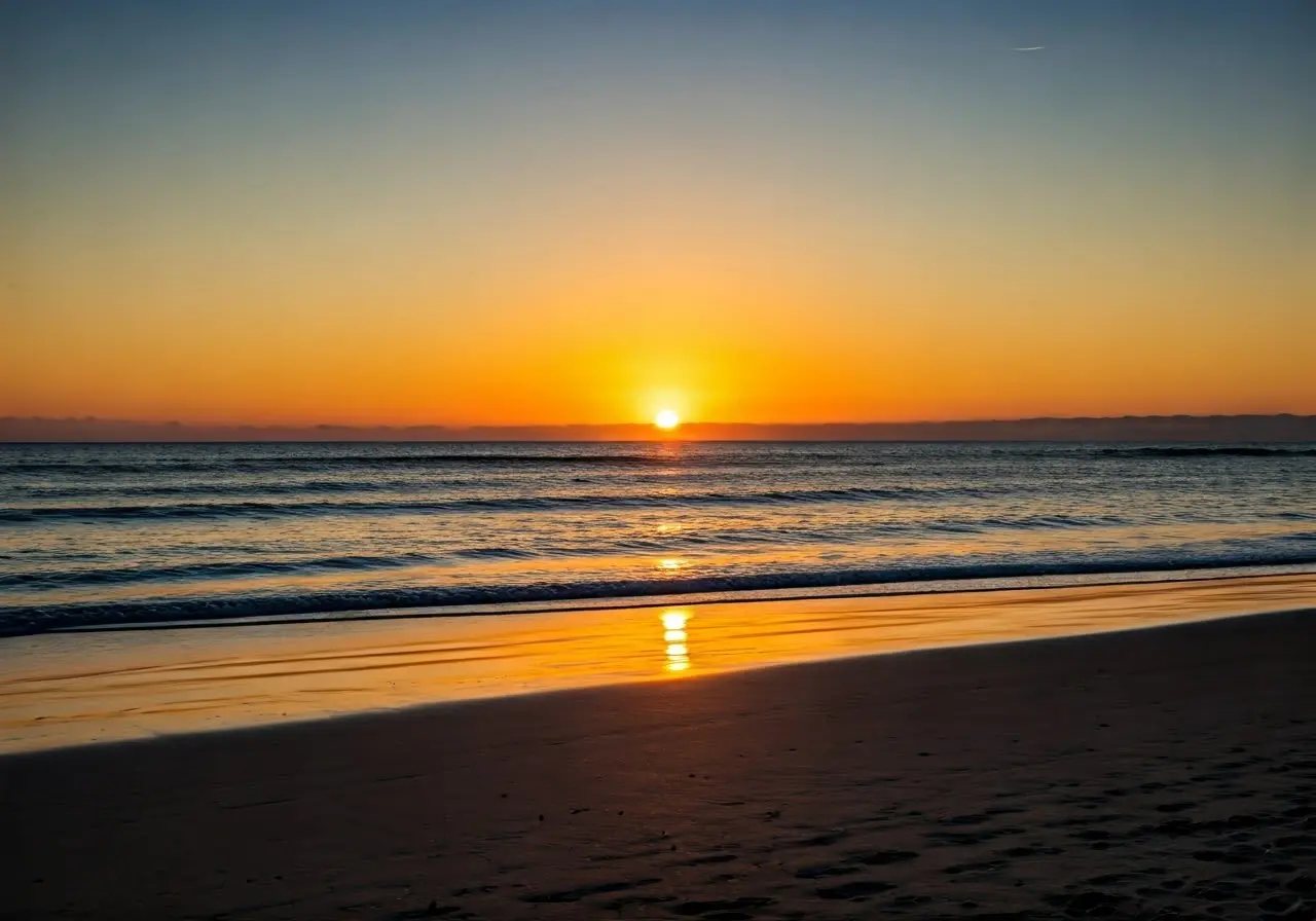 A serene beach sunset symbolizing self-confidence and transformation. 35mm stock photo