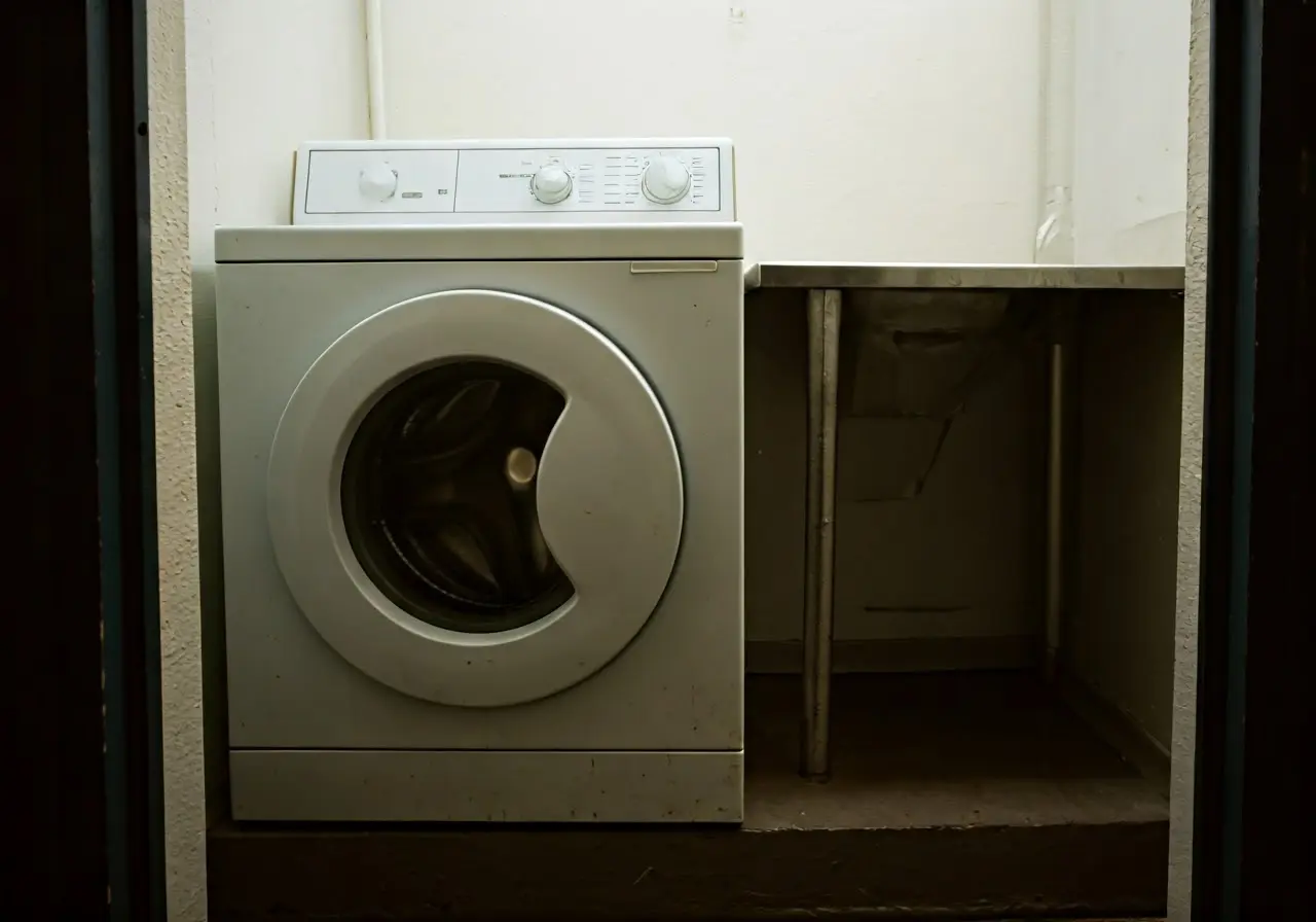 A broken washing machine in a San Francisco laundry room. 35mm stock photo