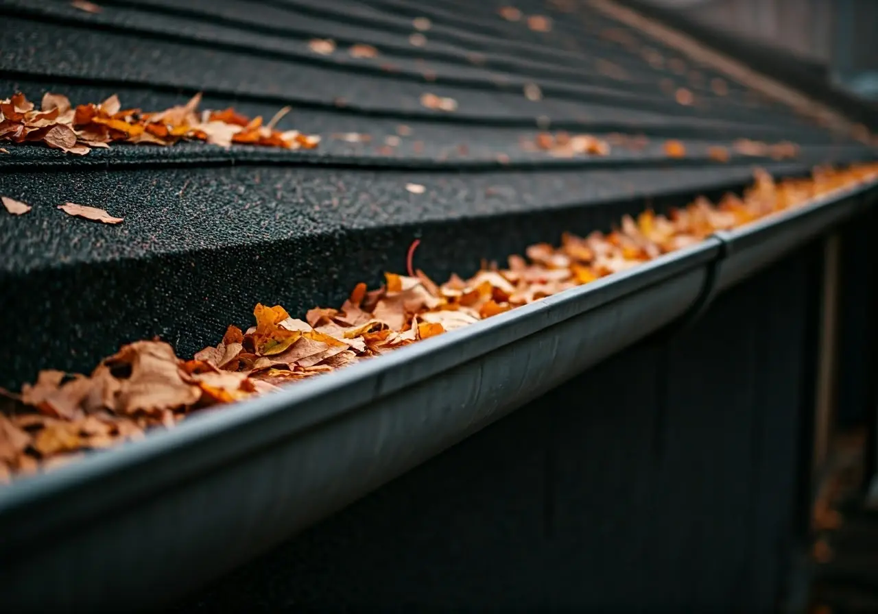 Clean gutters with autumn leaves scattered on a business rooftop. 35mm stock photo