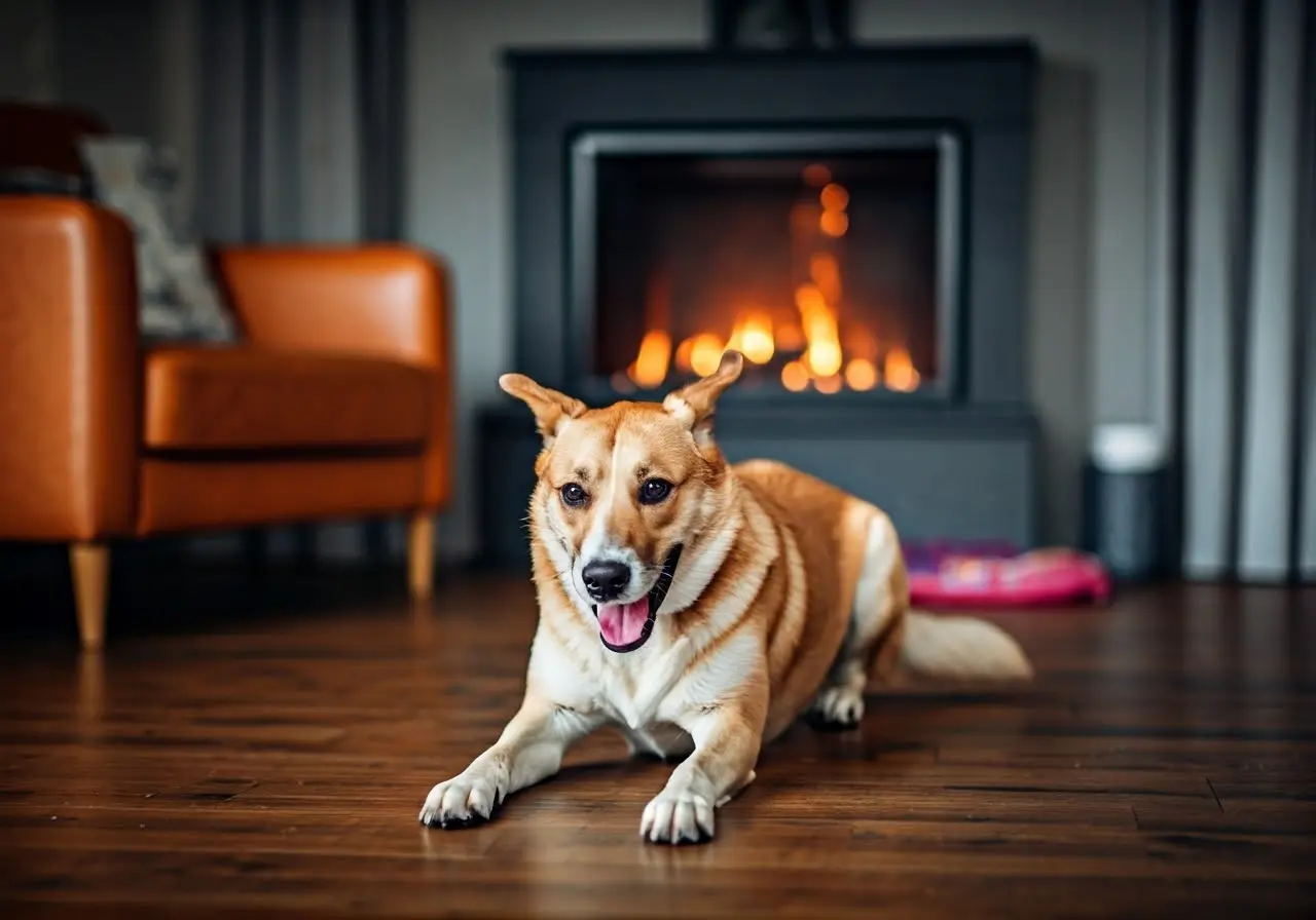 A happy dog playing fetch indoors with cozy home decor. 35mm stock photo