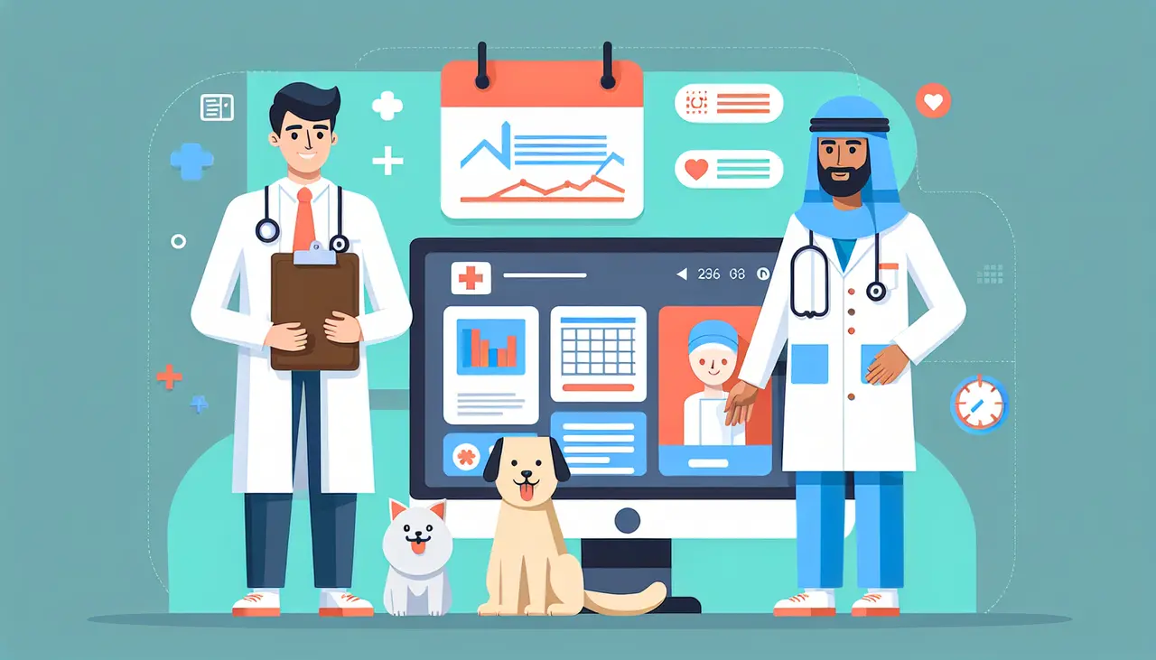 Draw a graphic in flat design style. Prompt: A veterinarian with a clipboard standing beside a computer with a user-friendly dashboard layout, a happy pet, and a calendar icon, all in flat design style.