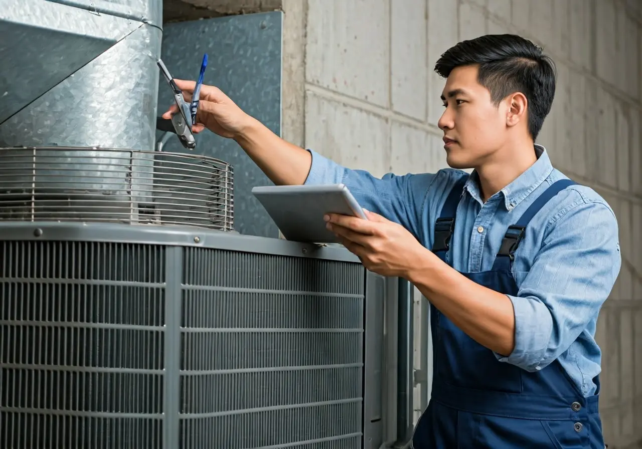 An HVAC technician inspecting an air conditioning unit. 35mm stock photo