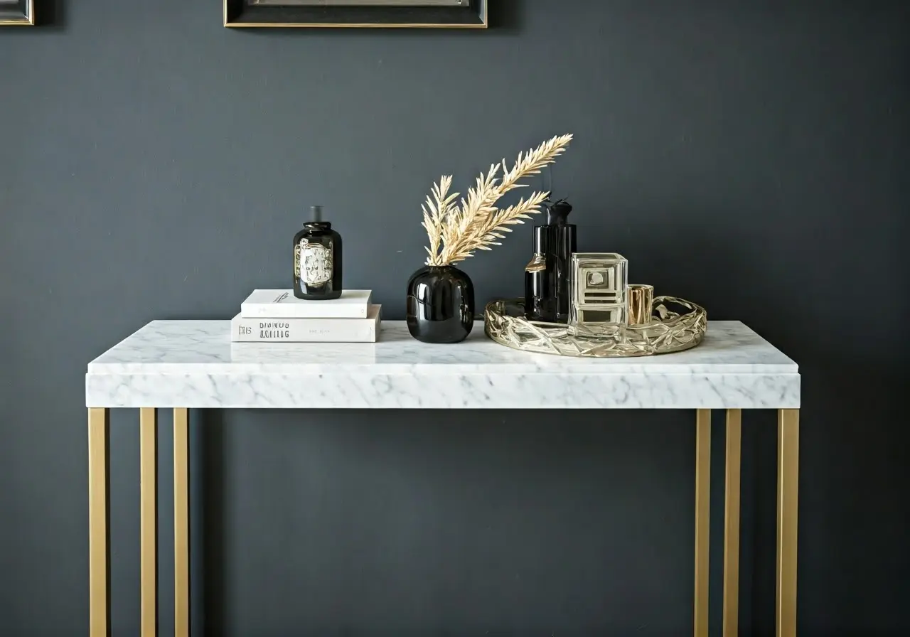 A clean marble console table with decorative items on top. 35mm stock photo