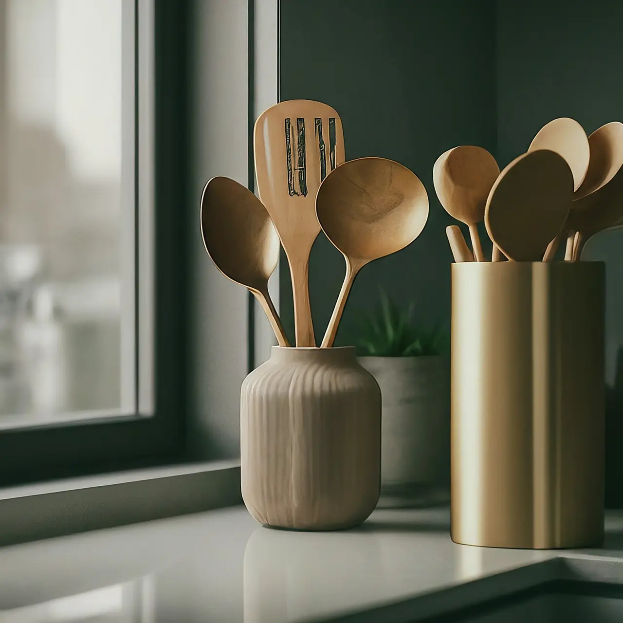 Assorted high-quality kitchen utensils neatly arranged on a countertop. 35mm stock photo