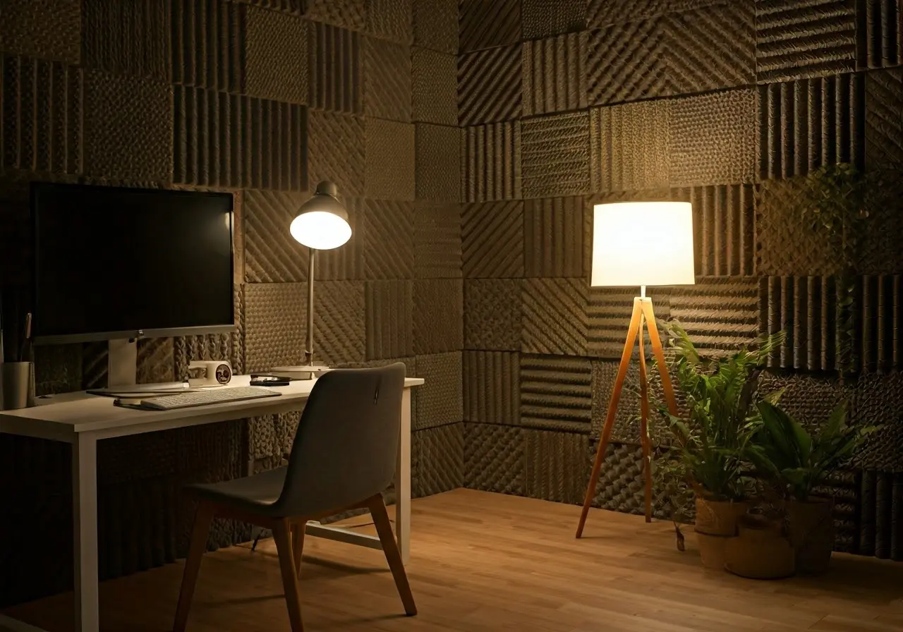 A cozy home office with soundproof wall panels. 35mm stock photo