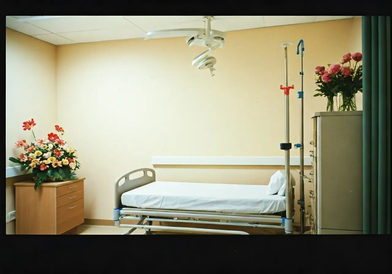 A serene hospital room with soft lighting and flowers. 35mm stock photo