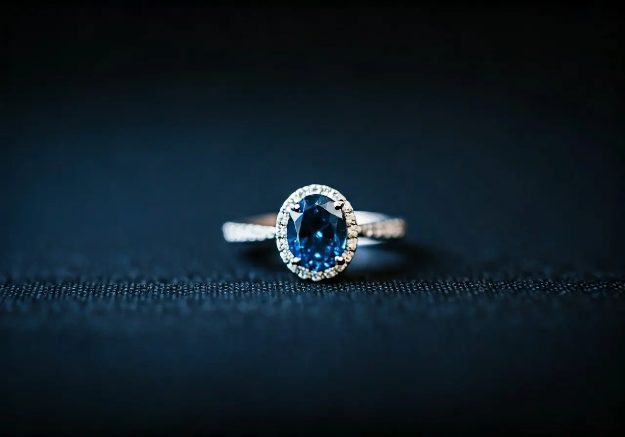 A close-up of a blue diamond ring with wedding decor. 35mm stock photo