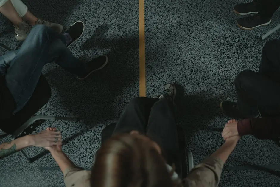 A diverse group of people holding hands in a circle, symbolizing support and unity in a mental health session.