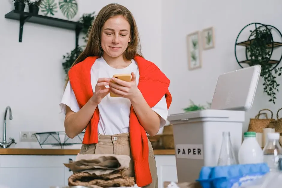 Cheerful female browsing mobile phone and standing at table with sorted paper and plastic waste