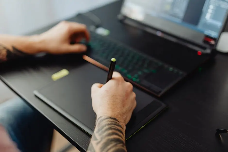 Close-up of a tattooed hand using a stylus on a digital tablet with a laptop, showcasing digital artistry.