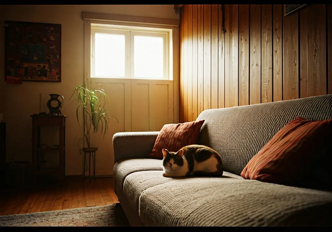 A cozy living room with a relaxed cat on the couch. 35mm stock photo