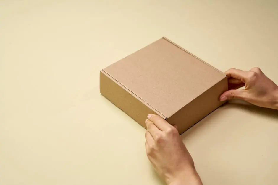 A close-up of hands opening a plain brown cardboard box on a beige surface, perfect for themes of shipping or packaging.