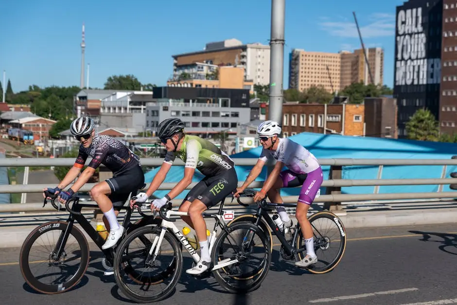 Three cyclists race on a sunny day through an urban city street, showcasing cycling sports.