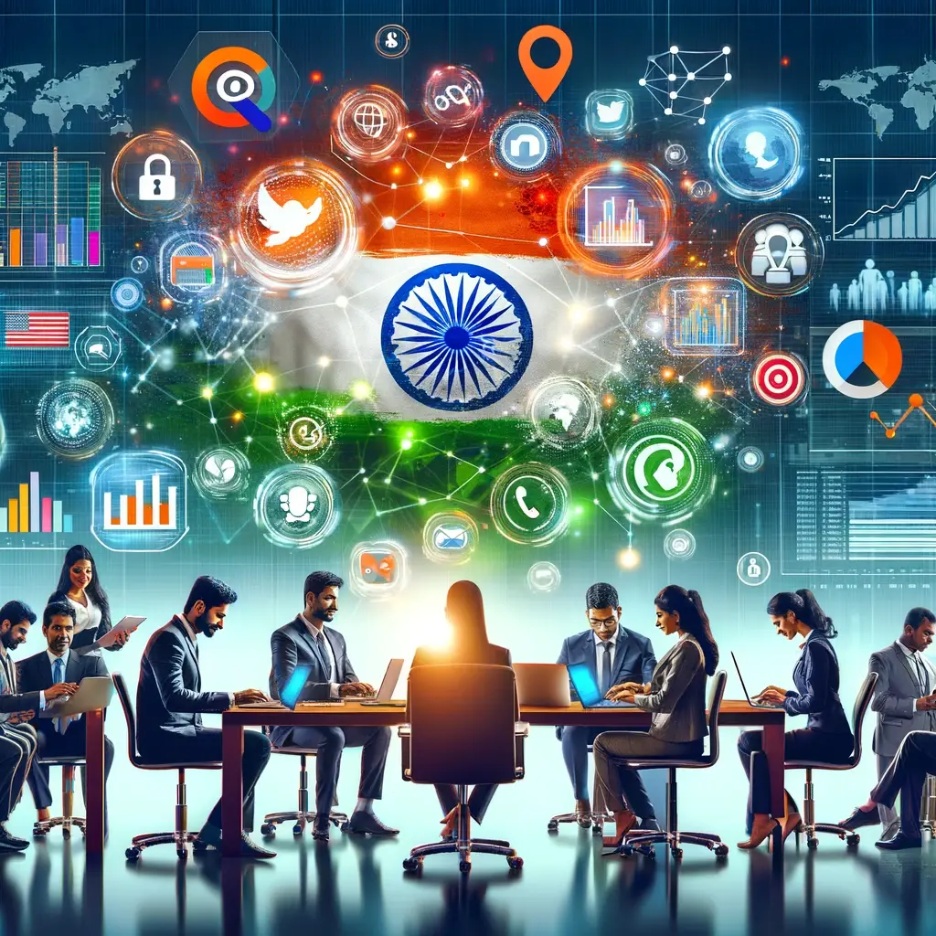 A vibrant and professional digital marketing scene in India, showcasing social media icons, analytics graphs, and various marketing elements. The image depicts an Indian business environment with diverse professionals collaborating on laptops and mobile devices. The atmosphere is innovative and inclusive, emphasizing successful digital marketing strategies and tips for Indian businesses