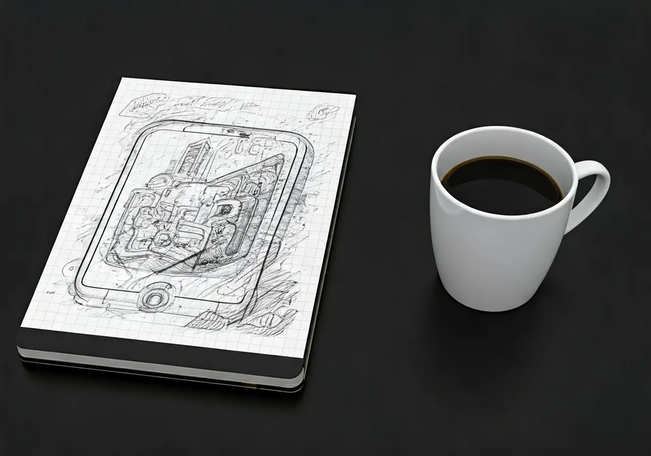 Digital app sketch on a notepad with coffee cup. 35mm stock photo