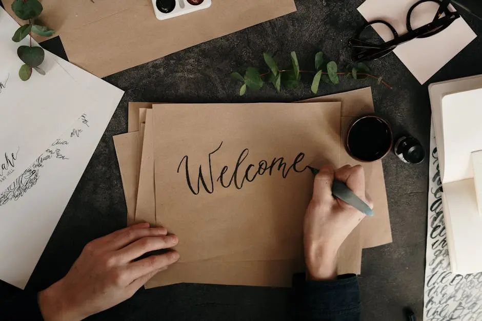 Handwriting a welcome card with calligraphy on craft paper, surrounded by art supplies.