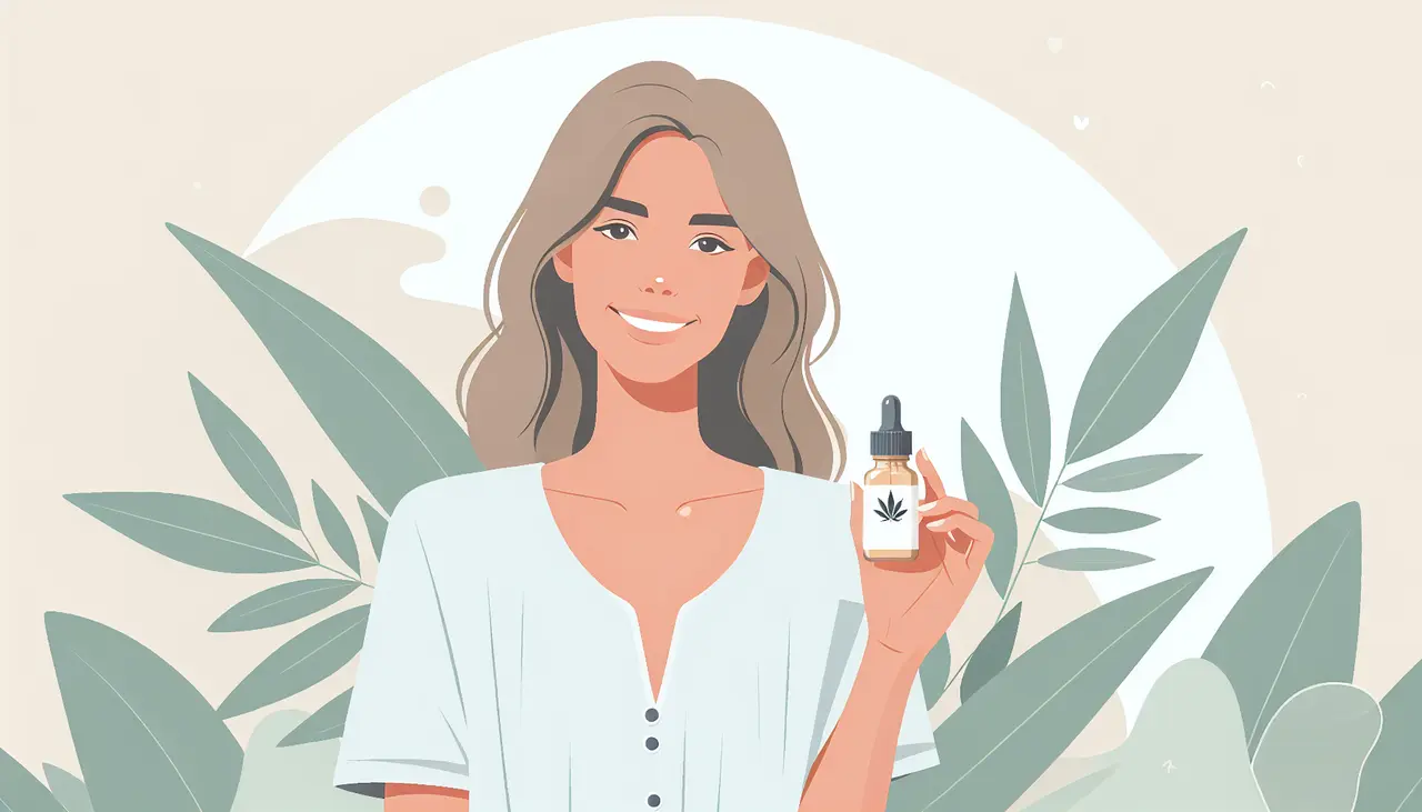 Draw a graphic in flat design style. A woman smiling and holding a bottle of CBD oil, with minimal plant graphics in the background.