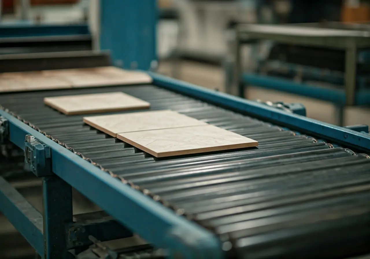 A conveyor belt with ceramic tiles passing quality inspection. 35mm stock photo