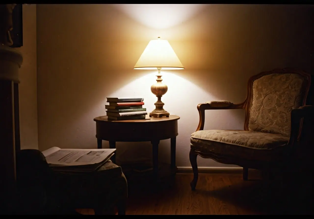 A tranquil therapist’s office with soft lighting and books. 35mm stock photo