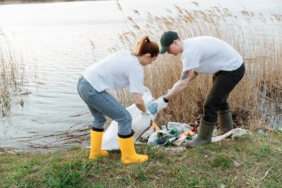 Two volunteers pick up trash by a river, promoting environmental conservation.