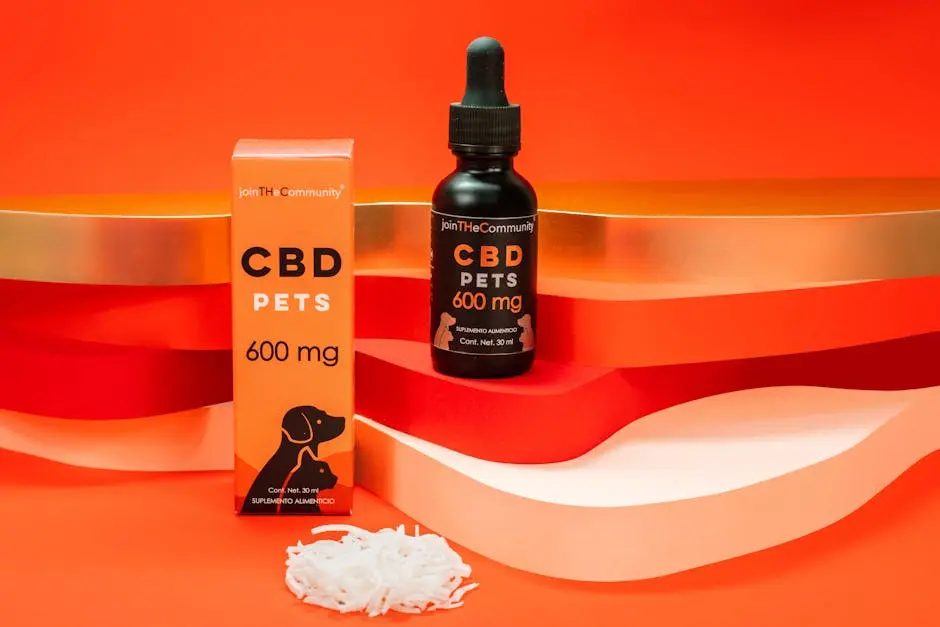 CBD pet care product featuring a serum bottle and box, styled on a bright red background, ideal for health-conscious pet owners.