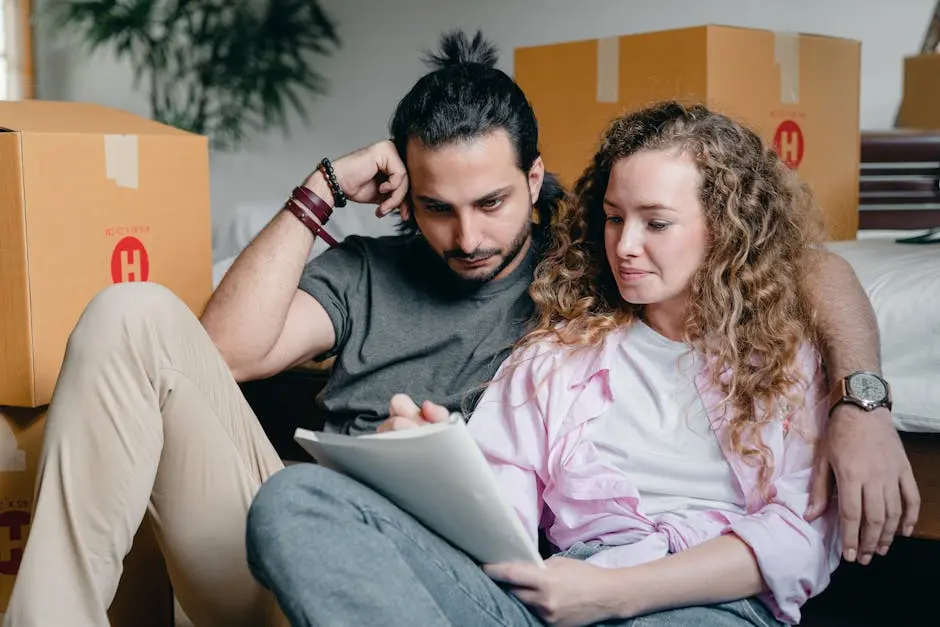 Pensive male and female in casual clothes sitting together among boxes and writing notes in notebook while leaning on bed