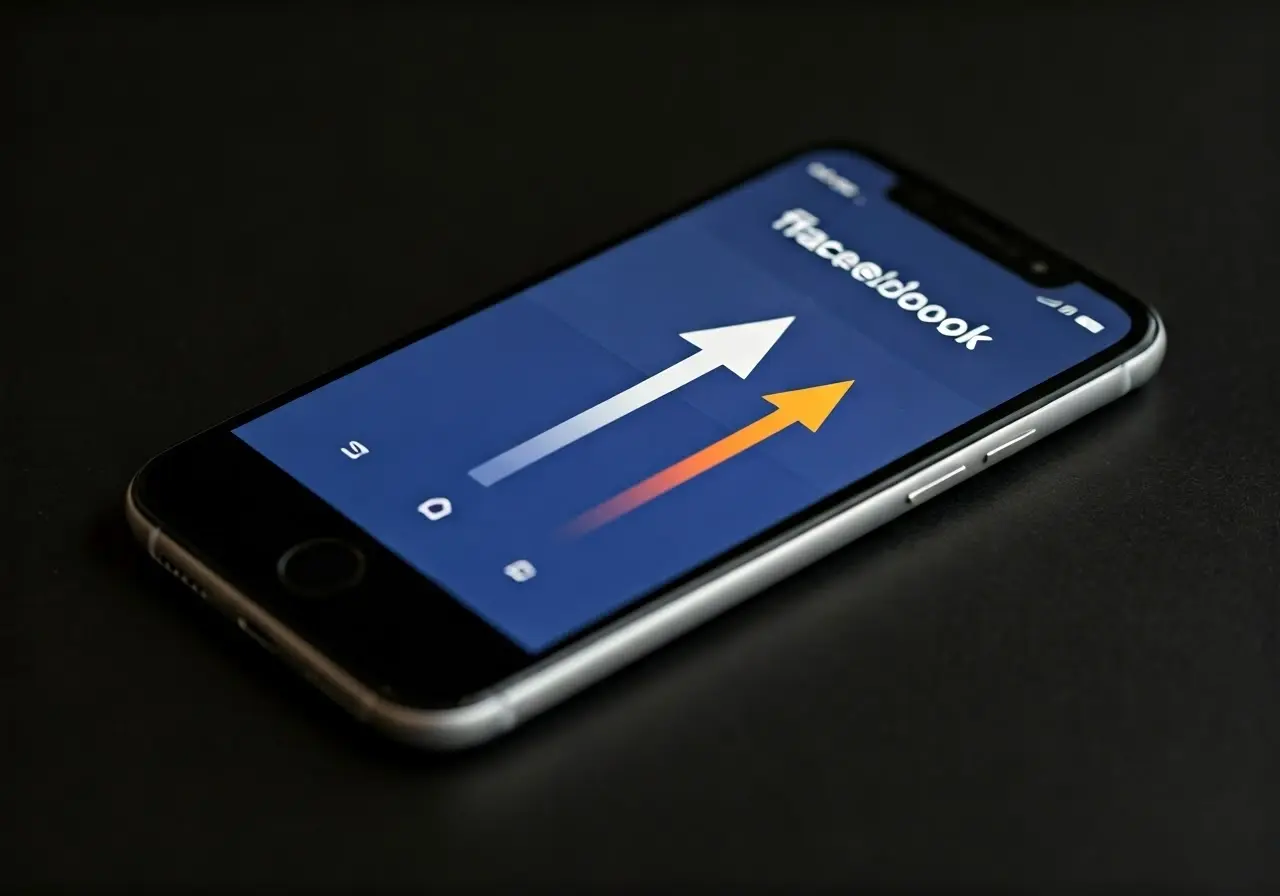 A smartphone displaying the Facebook app with increasing arrow graphics. 35mm stock photo