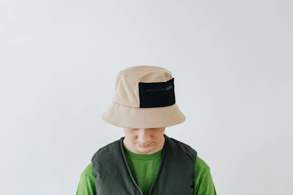 Portrait of a teen boy wearing a bucket hat and green outfit, showcasing modern fashion.