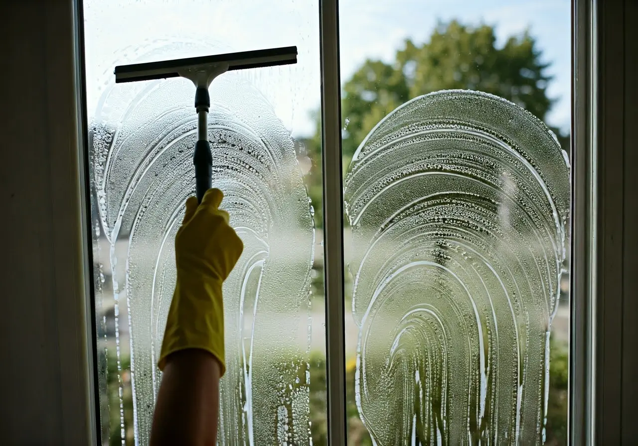 Professional cleaner washing residential windows with a squeegee. 35mm stock photo