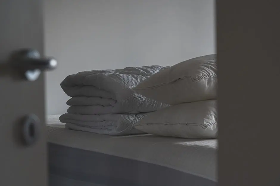 A serene bedroom scene featuring stacked pillows and folded blankets on a bed, viewed through an open door.