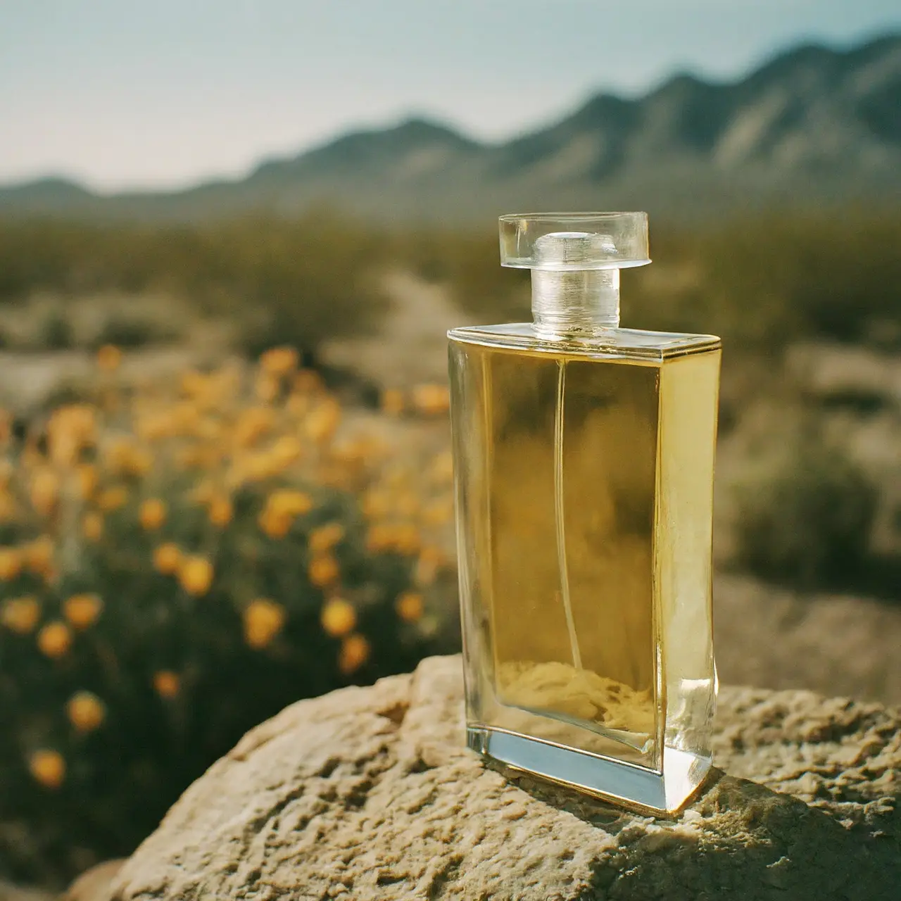 A bottle of perfume with desert flowers in the background. 35mm stock photo