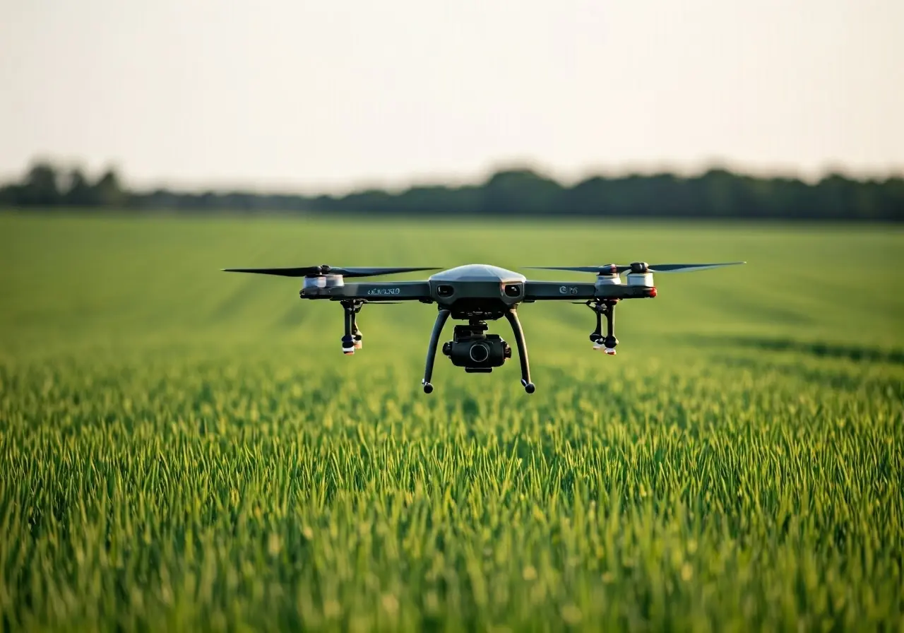 A drone spraying crops in a lush green field. 35mm stock photo