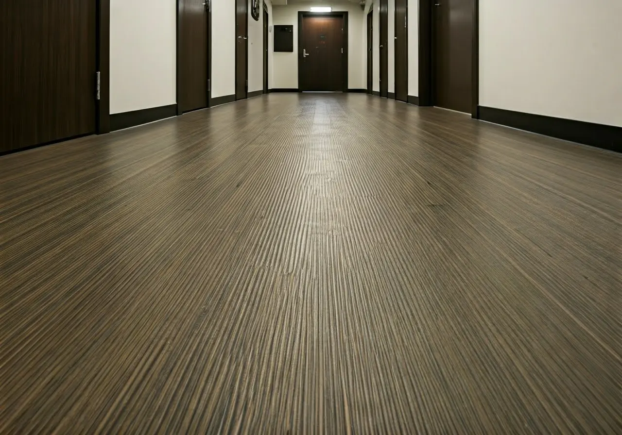 Close-up of rigid core vinyl flooring in a busy hallway. 35mm stock photo