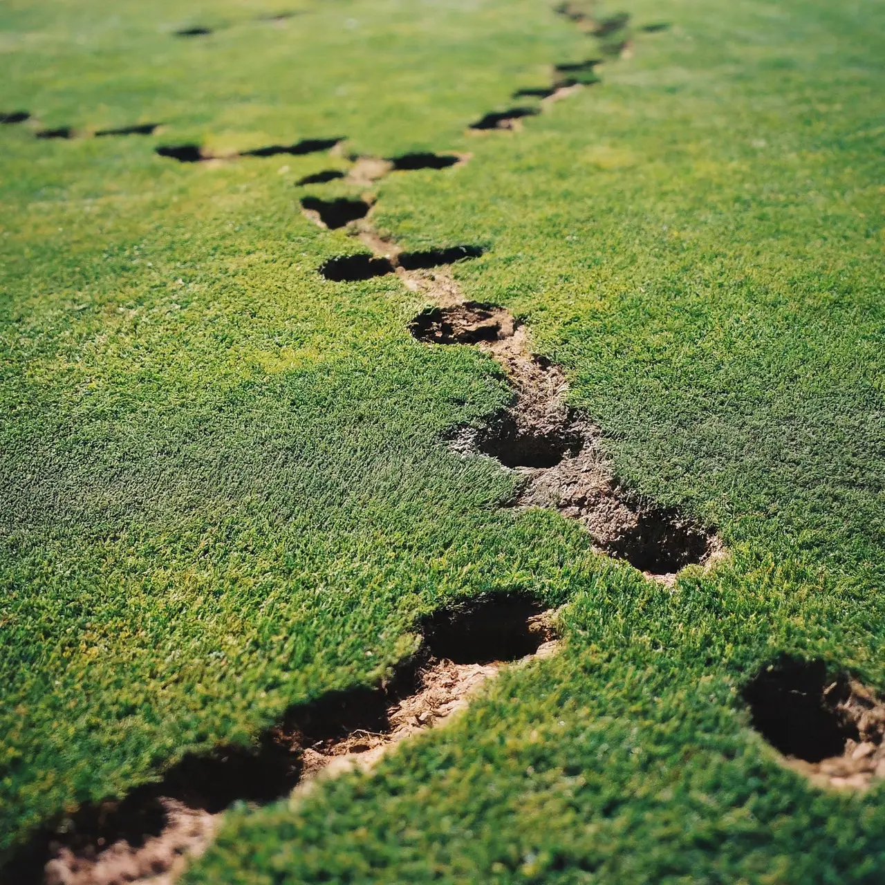 A lawn damaged by rodent burrows and trails. 35mm stock photo