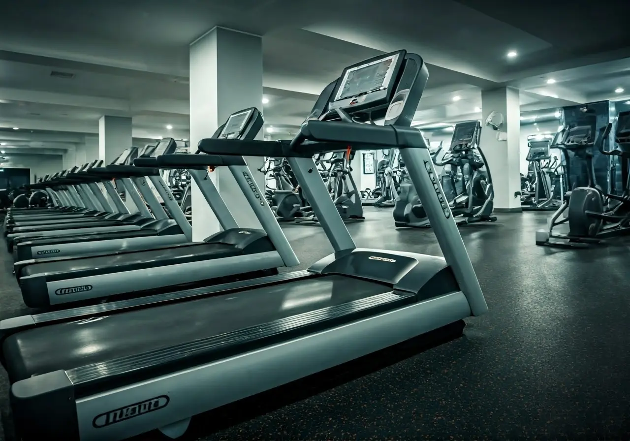 A clean treadmill in a spacious, well-lit gym. 35mm stock photo